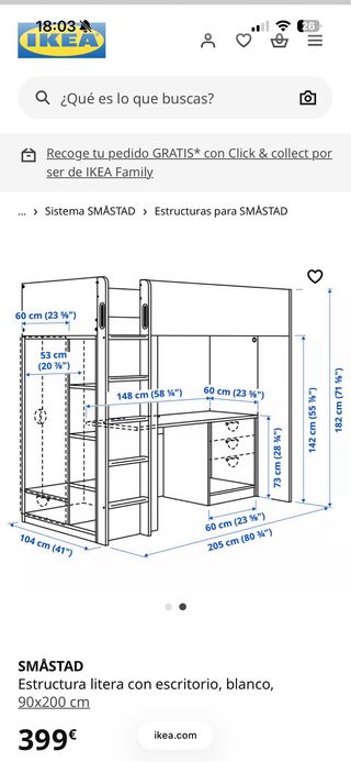 Litera con escritorio Ikea SMÅSTAD