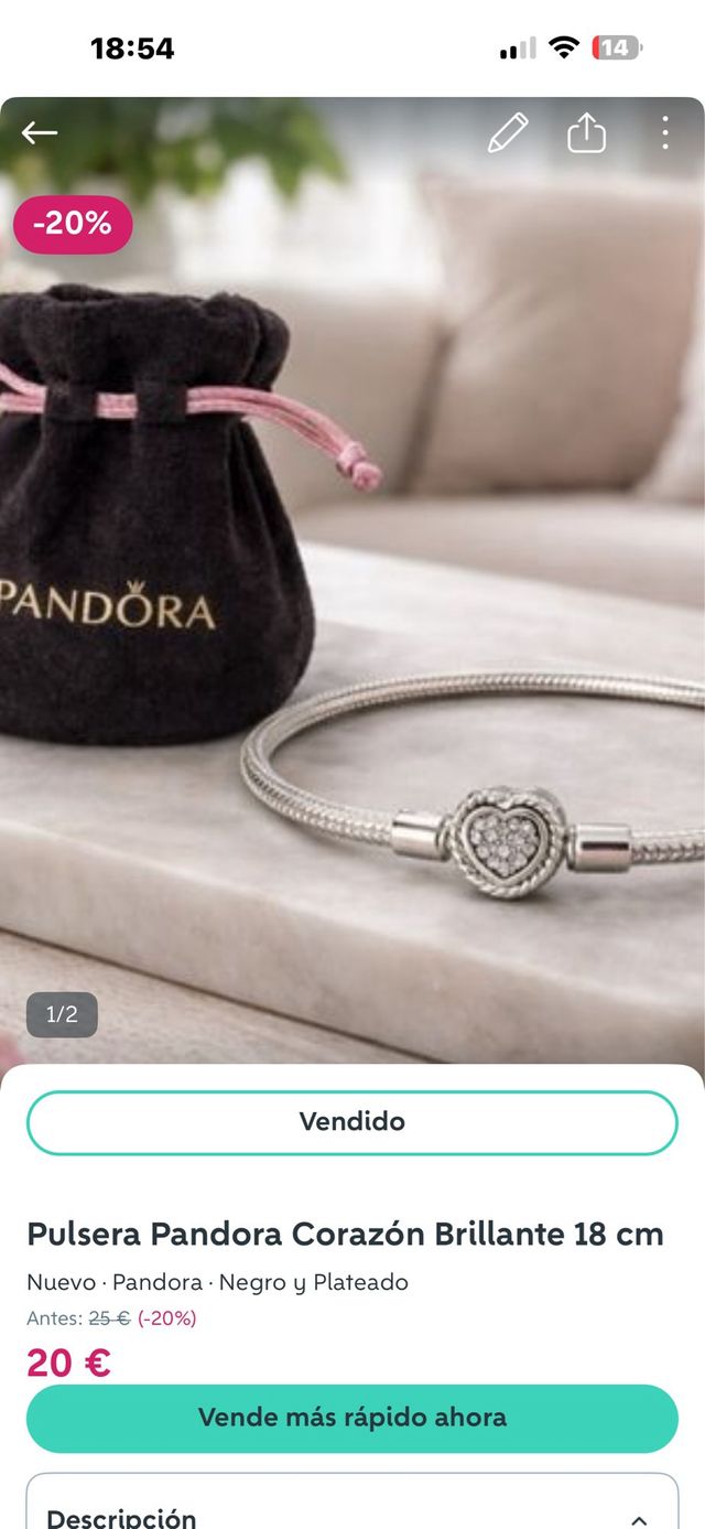 Pulsera Pandora Corazón Brillante 18 cm