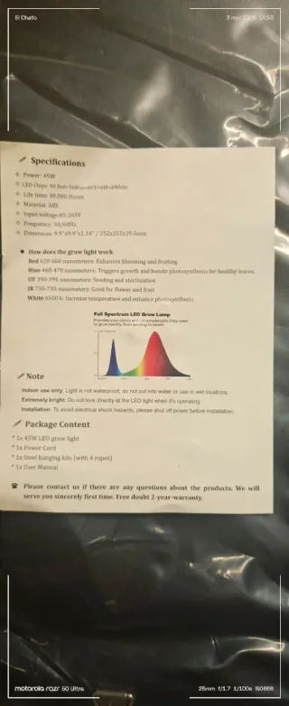 Luz LED Cultivo 45W Full Spectrum