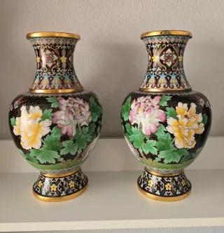 Pareja Jarrones Chinos Cloisonné Flores