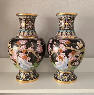 Pareja Jarrones Chinos Cloisonné Flores