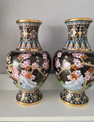 Pareja Jarrones Chinos Cloisonné Flores