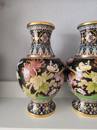 Pareja Jarrones Chinos Cloisonné Flores