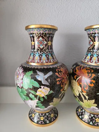 Pareja Jarrones Chinos Cloisonné Flores