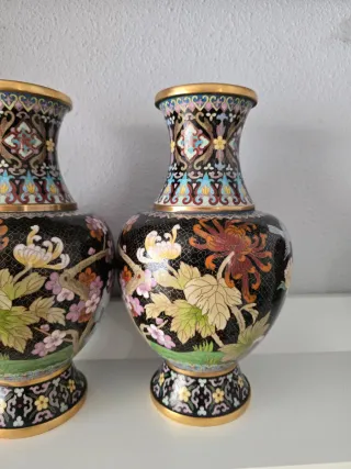 Pareja Jarrones Chinos Cloisonné Flores