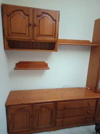 Mueble modular salón madera y cristal.