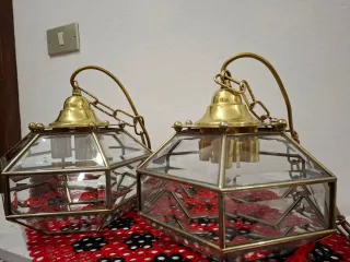 Coppia Lampadari Vetro e Metallo Oro