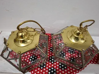 Coppia Lampadari Vetro e Metallo Oro