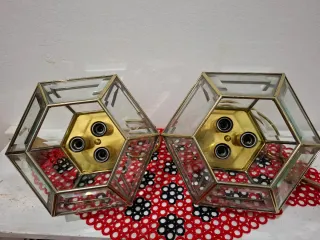 Coppia Lampadari Vetro e Metallo Oro