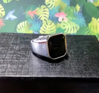 Anillo Sello Acero Piedra Negra