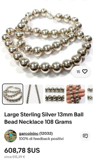 Collana perle sfera argento 925 stile Tiffany 46 g