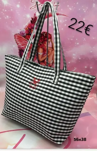 Bolso de mano a cuadros rosa y blanco