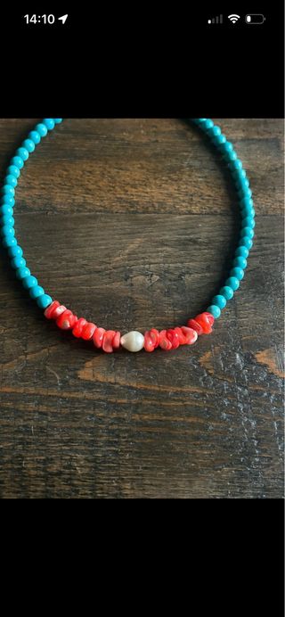 Collana artigianale corallo, turchese e perla