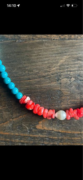 Collana artigianale corallo, turchese e perla
