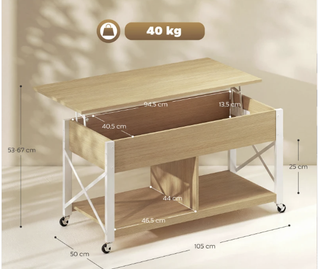 Mesa Centro Elevable Ruedas Madera Metal