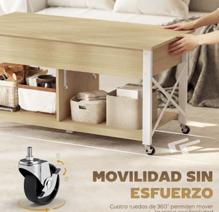 Mesa Centro Elevable Ruedas Madera Metal