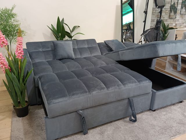 Sofá Cama Chaiselong Gris Terciopelo