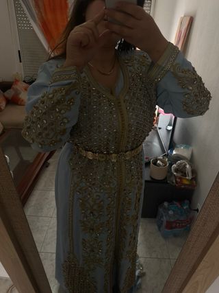 Tekchita Caftán Marroquí Azul y Dorado