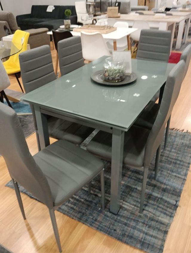 Mesa extensible cristal + 6 sillas