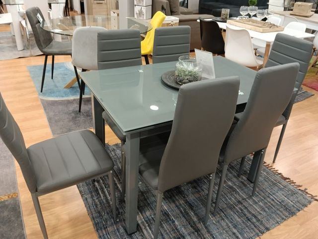 Mesa extensible cristal + 6 sillas