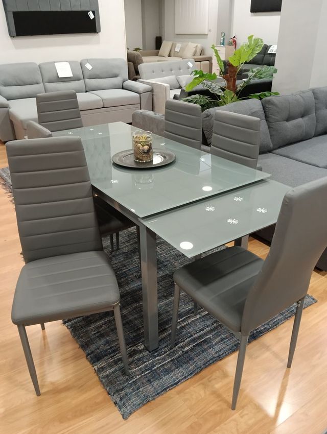 Mesa extensible cristal + 6 sillas