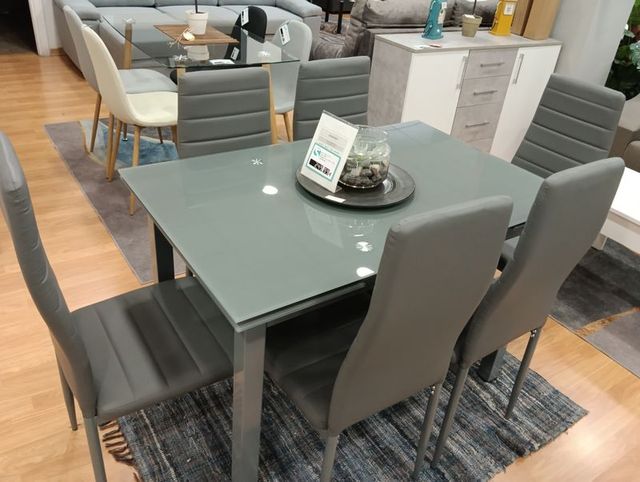 Mesa extensible cristal + 6 sillas