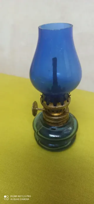 Quinqué Lámpara Aceite Vidrio Metal Azul