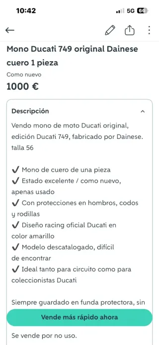 Mono Ducati 749 Dainese Cuero 1 Pieza