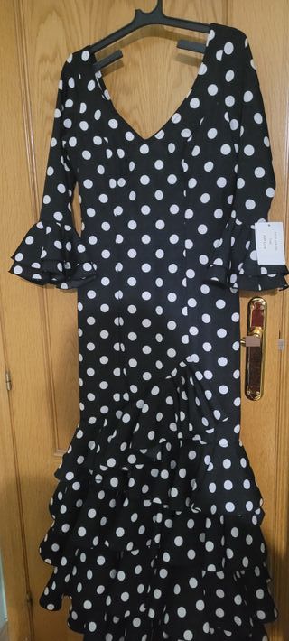 Vestido Flamenco Negro Lunares Blanco T.40