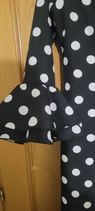 Vestido Flamenco Negro Lunares Blanco T.40