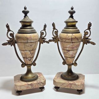 Coppia Di Antiche Cassolette In Bronzo E Marmo XIX