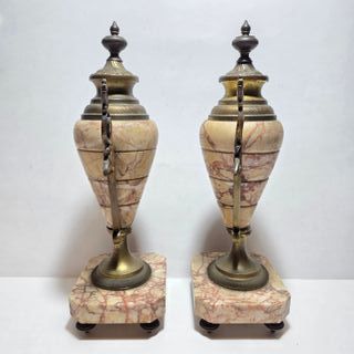 Coppia Di Antiche Cassolette In Bronzo E Marmo XIX