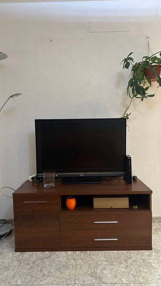 Mueble salón madera y cristal