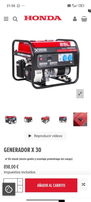 Generador Honda X30 25L 3000W con 3 horas de uso