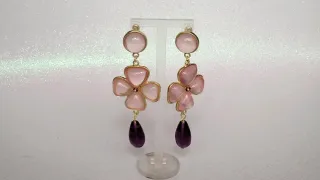 Pendientes largos flor rosa y gota morada