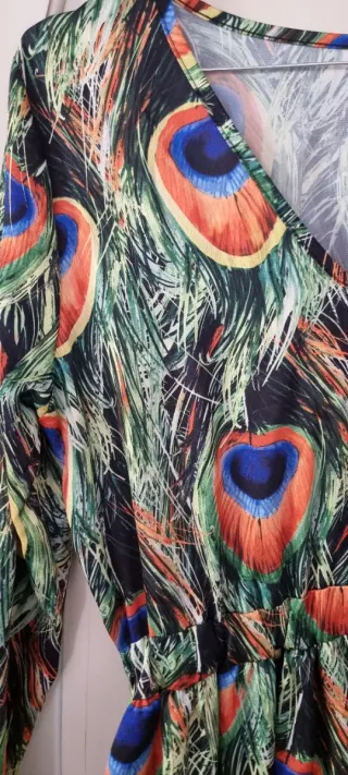 Abito corto fantasia pavone manica lunga