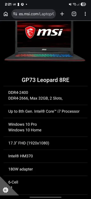 Portátil MSI GP73 Leopard 8RE Negro Multicolor