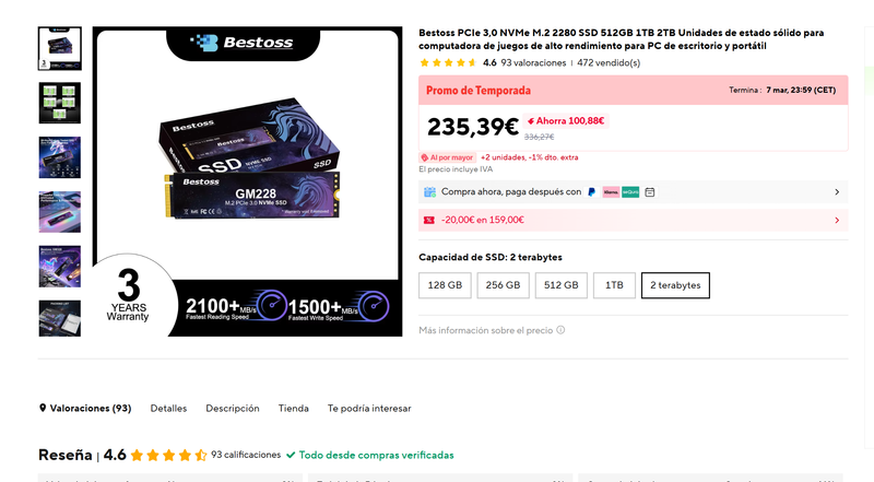SSD Bestoss GM228 NVMe M.2 PCIe 3.0 2TB 1TB afbeelding 3