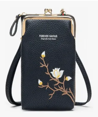 Bolso monedero negro con flor bordada