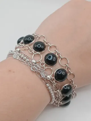 Parure Argento 925 Onice Anello Bracciale Orecchin