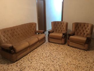 Sofá 3 plazas y 2 sillones tela y madera