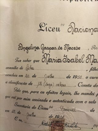 Diploma Liceu Nacional Rainha Dona Leonor 1955