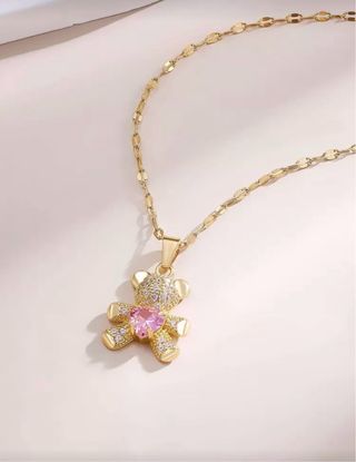 Collar Oso Corazón Rosa con Diamantes Brillantes