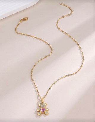 Collar Oso Corazón Rosa con Diamantes Brillantes