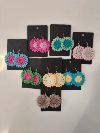Pendientes Crochet Flor Rosa y Verde
