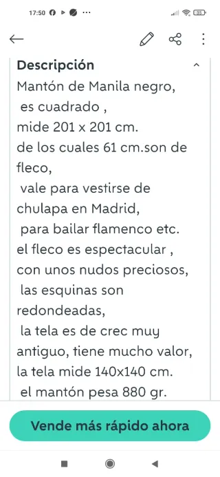 Mantón de Manila antiguo negro con flecos