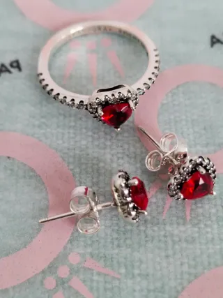 Conjunto Pandora Corazón Rojo y Plata