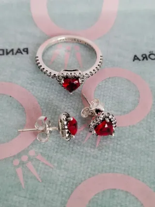 Conjunto Pandora Corazón Rojo y Plata