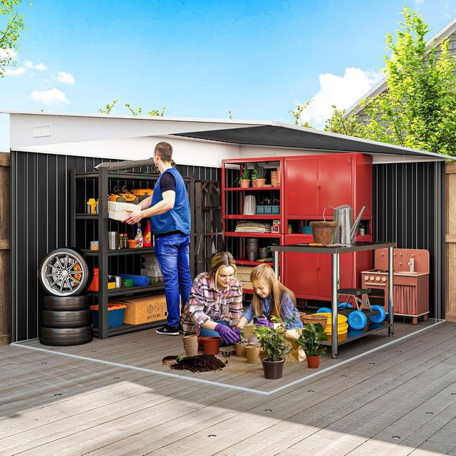 Caseta De Jardín 8.9M² De Acero Galvanizado Con 2 Salidas De Aire, Cobertizo Para Herramientas Con Techo Inclinado, Doble Puertas Correderas Bloqueables Y Guantes, 280X345X169/201Cm, Negro