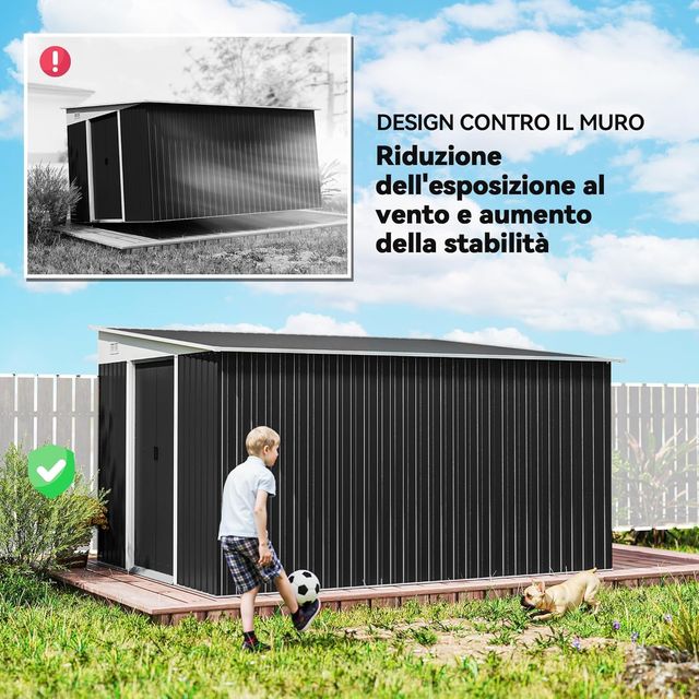 Caseta De Jardín 8.9M² De Acero Galvanizado Con 2 Salidas De Aire, Cobertizo Para Herramientas Con Techo Inclinado, Doble Puertas Correderas Bloqueables Y Guantes, 280X345X169/201Cm, Negro
